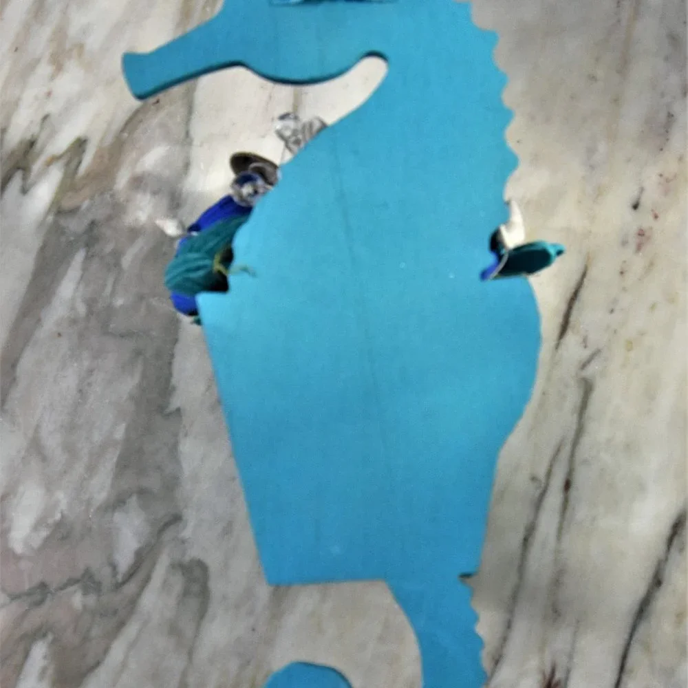 Ocean/Beach theme wall hanging seahorse planter with Sola wood flowers in ocean